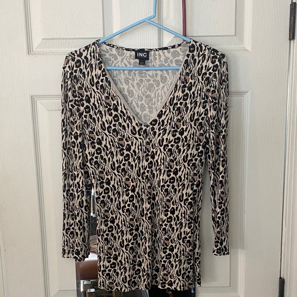 INC International Concepts Women's Animal Print Blouse - Black and Cream